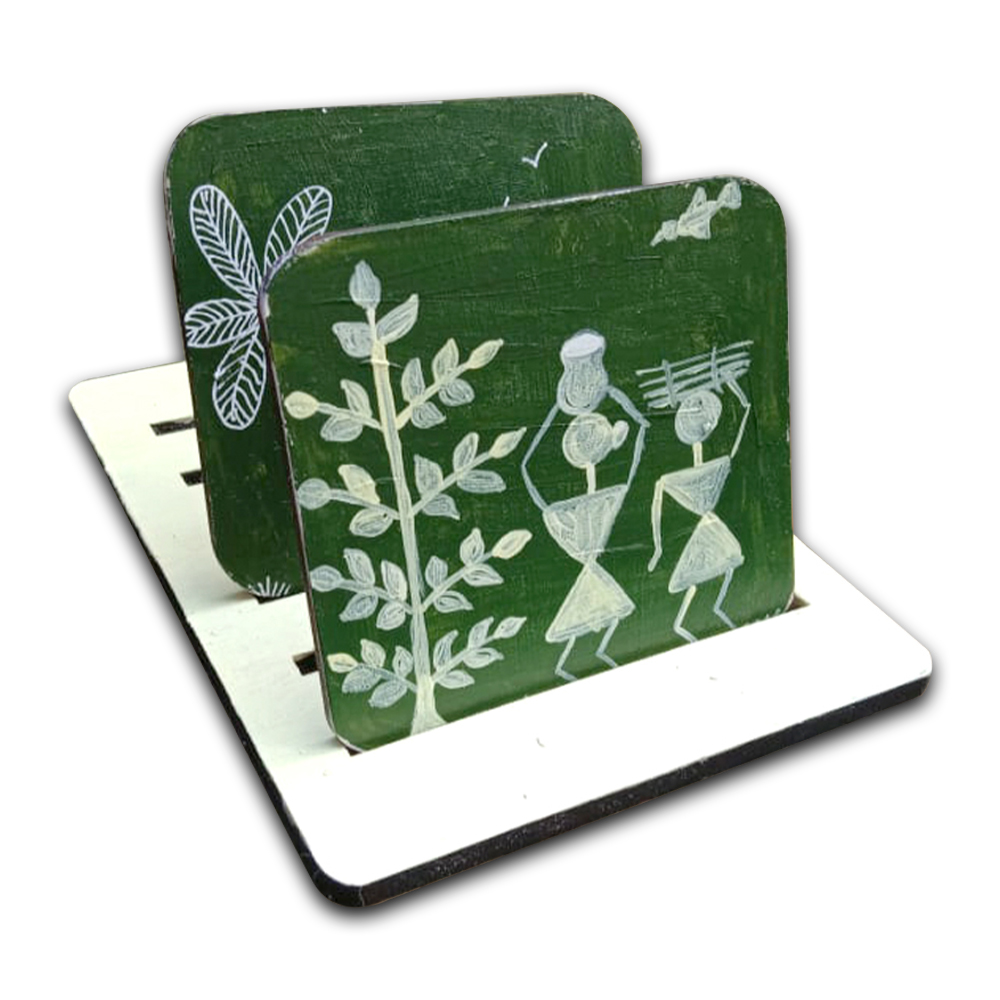 Warli Painting on Square Tea Coasters with Stand DIY kit